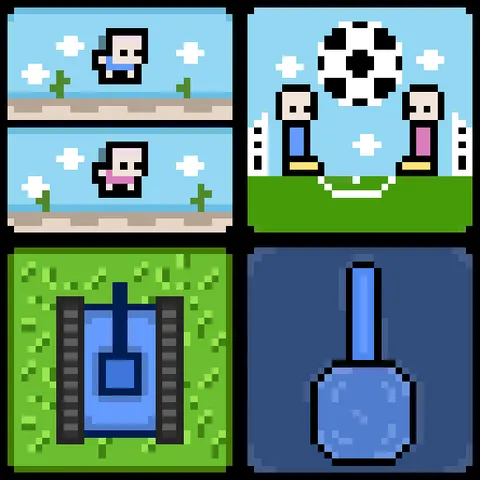 Four two-player mini games shown on one screen