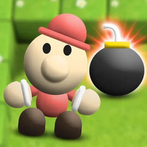 Two bomber characters surrounded by exploding bombs in an arena