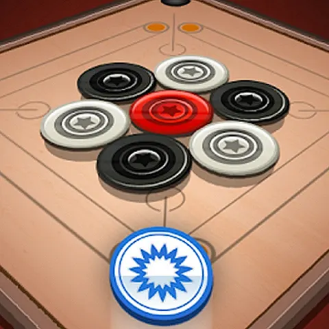 A carrom board with coins arranged around the center circle