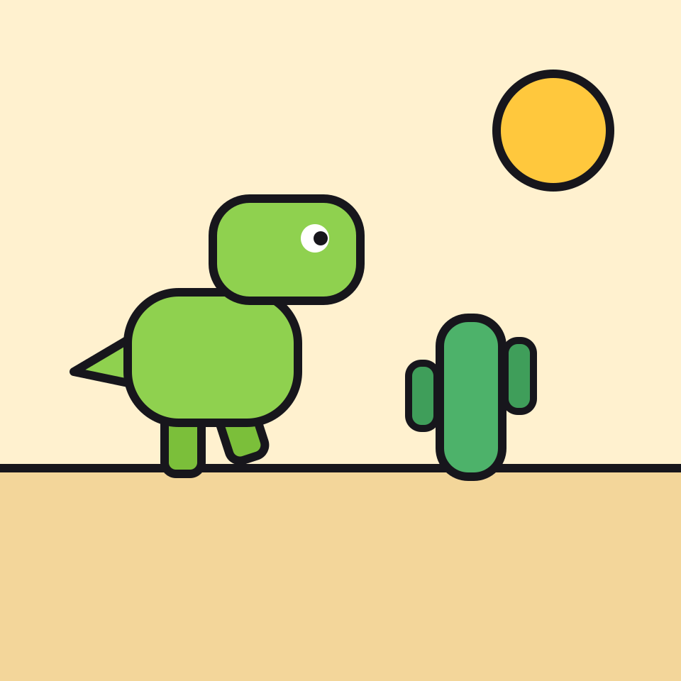 A green dinosaur running toward a cactus in the desert