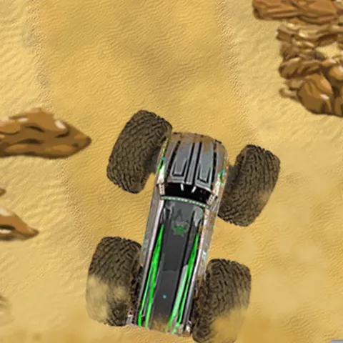 Two monster trucks with oversized wheels climbing a dirt ramp