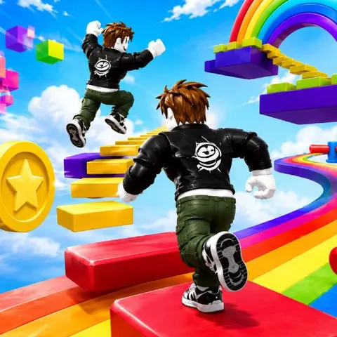Two climbers racing up a colourful parkour tower