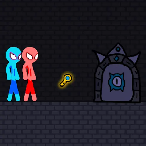 The red and blue stickmen swinging on a rope above a platform