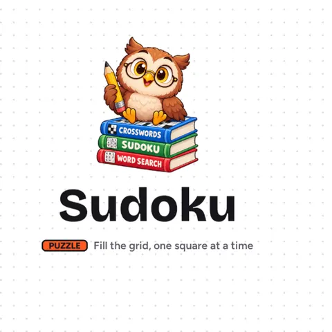 An owl mascot holding a pencil, sitting on a stack of Sudoku puzzle books