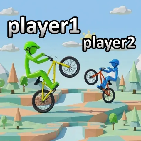 Two stickmen on bikes holding wheelies side by side